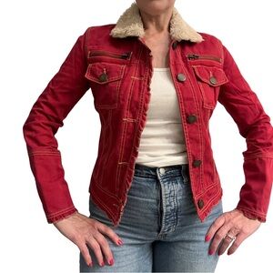 Twill Twenty Two Cropped Military Jean Jacket Sherpa Collar Red Cotton Size M